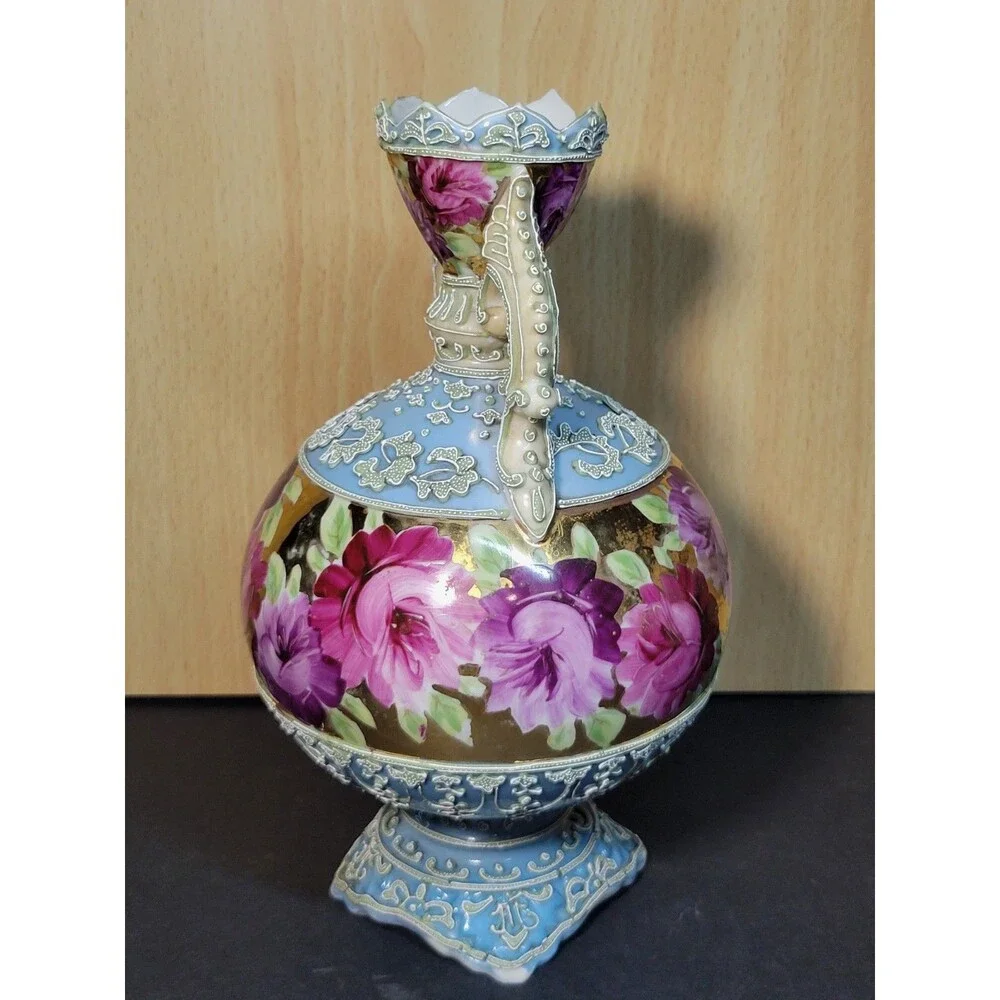 Antique Nippon Moriage Early Hand Painted Twisted Handle Floral Vase
